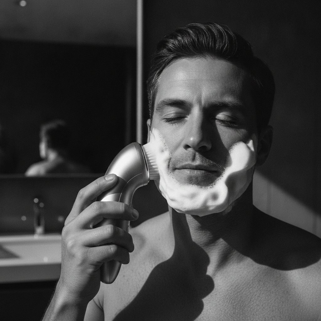 Man cleansing face with precision